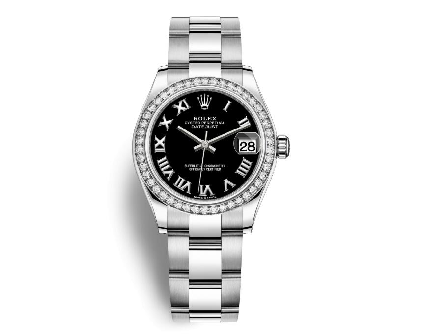 The black dial fake watch is decorated with diamonds.