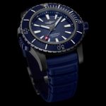 The blue strap fake watch has a blue dial.