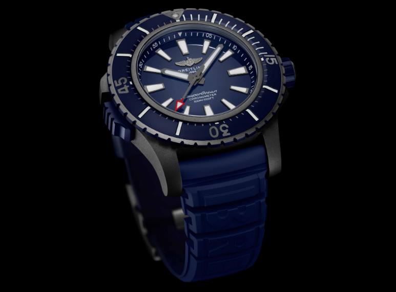 The blue strap fake watch has a blue dial.