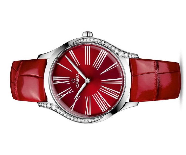 The stainless steel fake watch has a red strap.