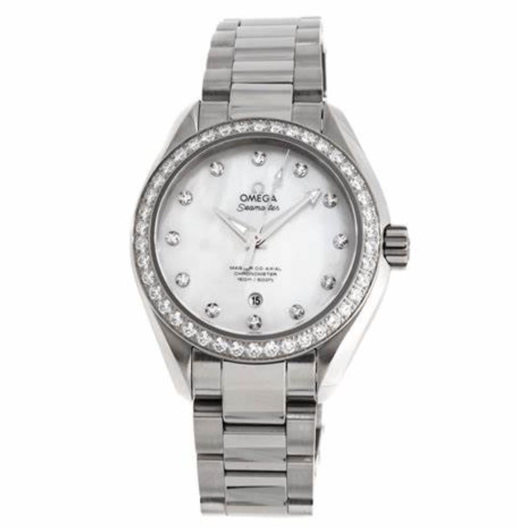 The stainless steel fake watch is decorated with diamonds.
