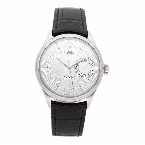 The black strap fake watch has a white dial.